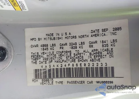 2006 Mitsubishi Eclipse Gs из США, поврежденный, VIN 4A3AK24F86E022233